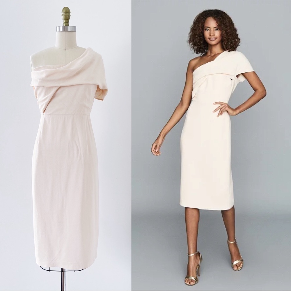 REISS • Riana One Shoulder Bodycon Dress pink blush nude draped cocktail